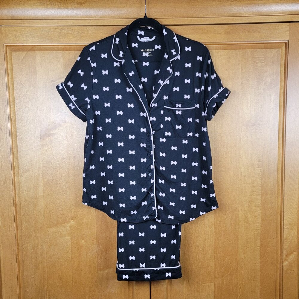 Women's Soft 2 Pc Kate Spade Pajama Set Black Pale Pink Bows - M - Picture 2 of 13